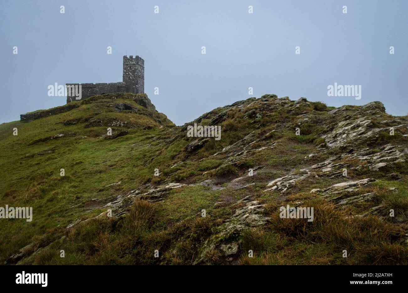 wet dismal day at Brentor church Dartmoor Devon in the west of England UK Stock Photo