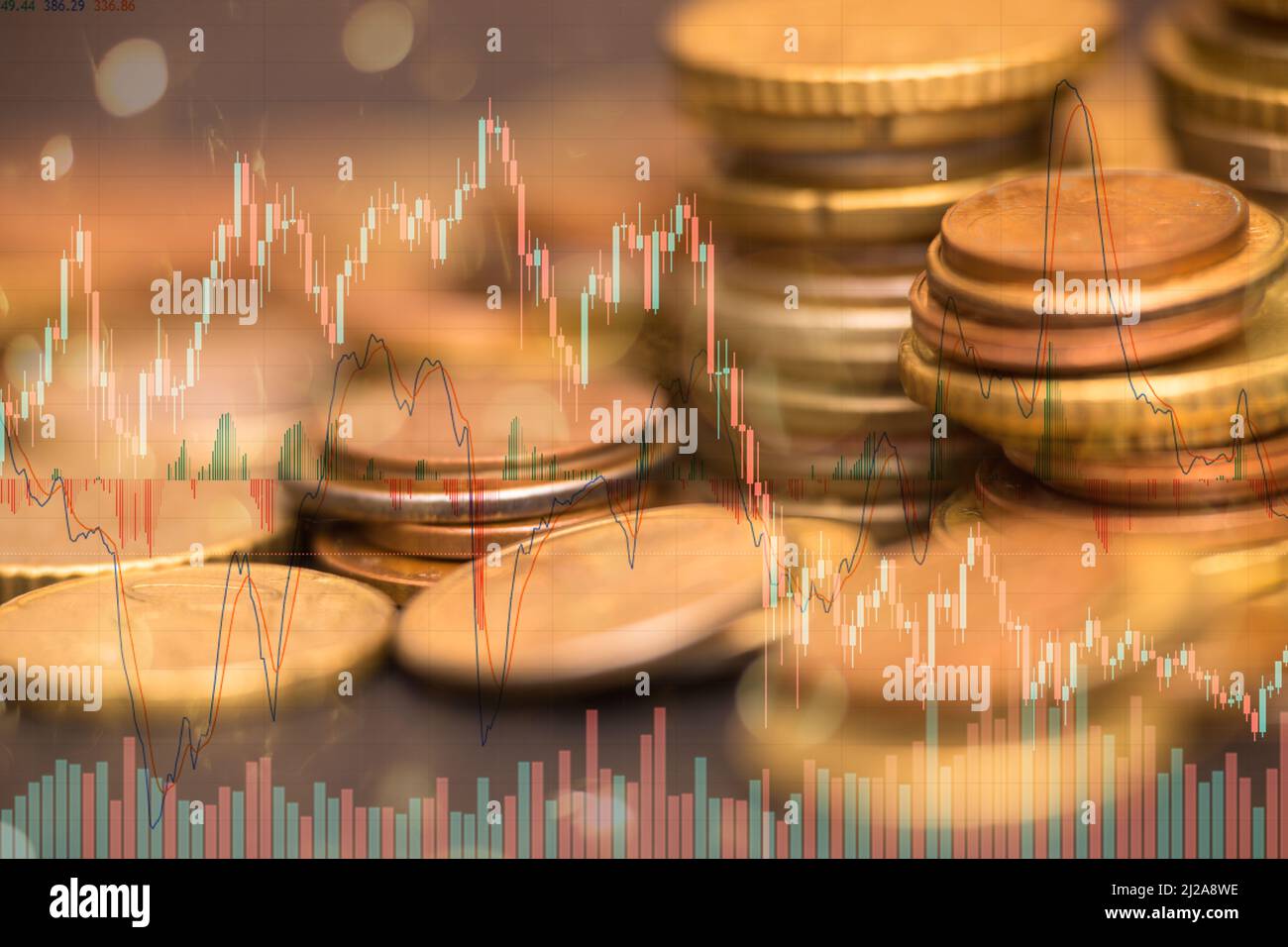 Economic growth concept. Collage with stacks of coins and financial ...
