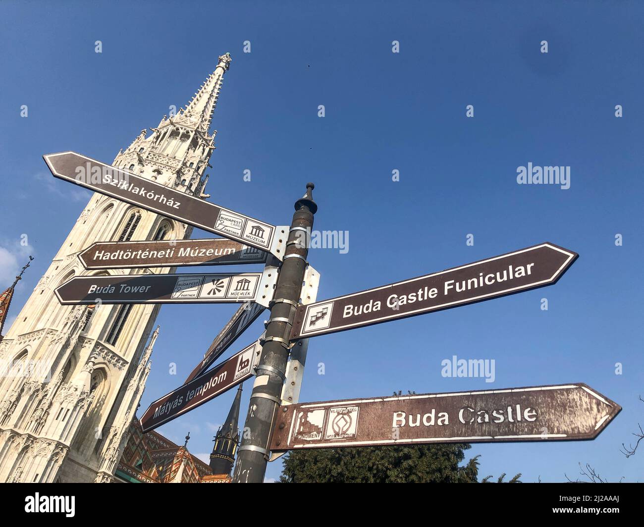 Street view of buildings in Budapest, Hungary. fisherman's bastion. Stock Photo