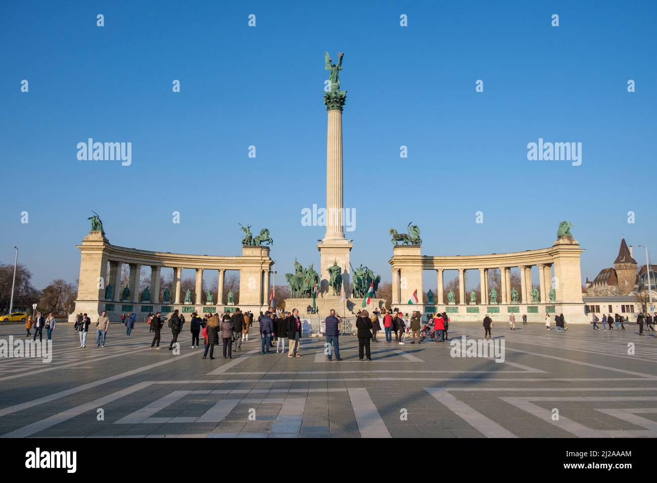 Street view of buildings in Budapest, Hungary. Liberty square with toruists. Stock Photo