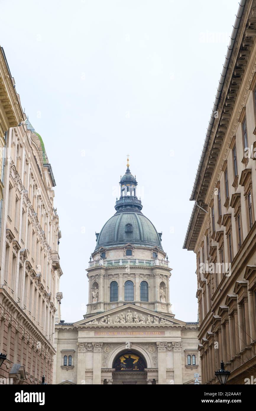 Street view of buildings in Budapest, Hungary. St Stephen's Bascilica. Stock Photo