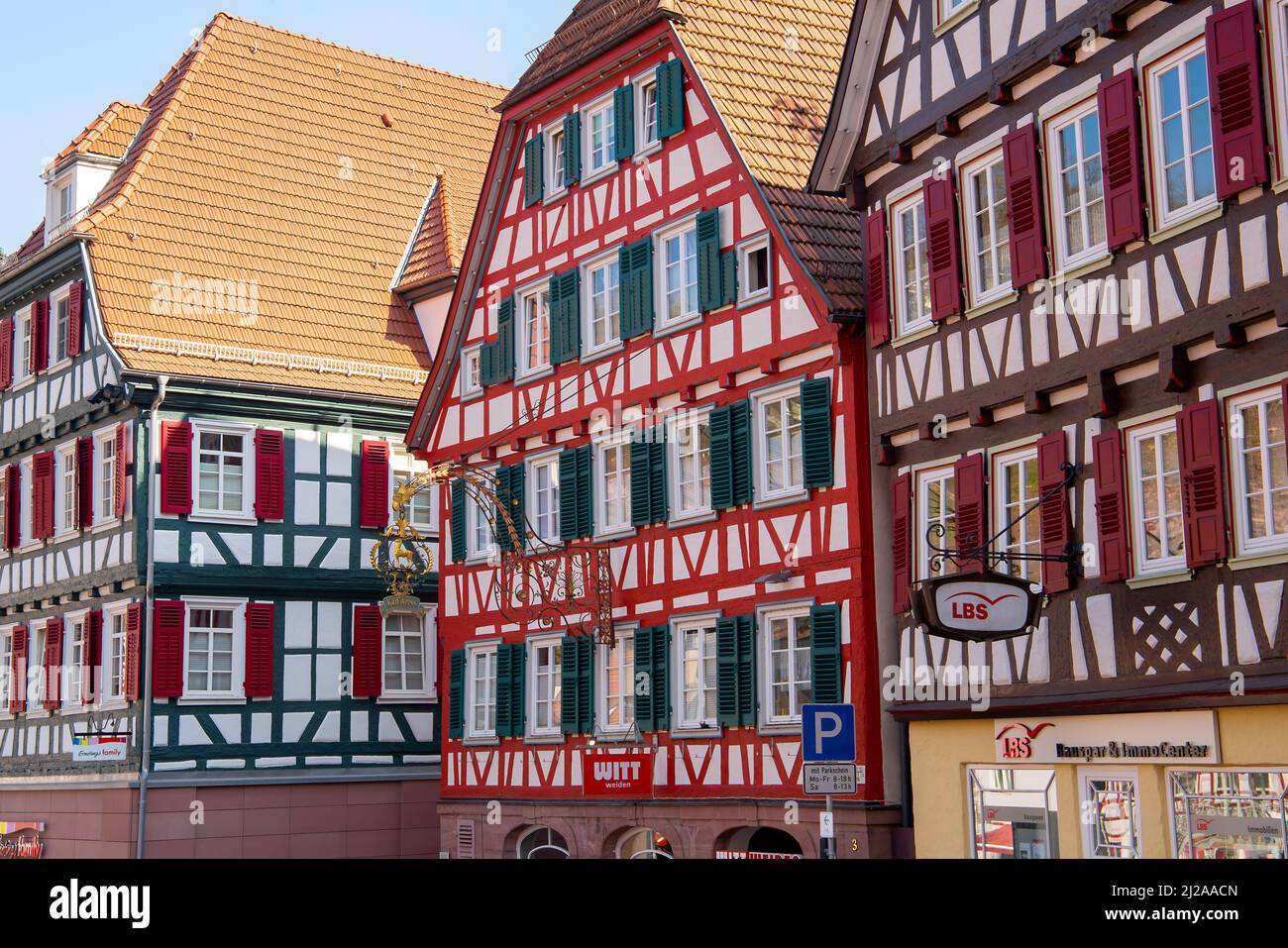 Picturesque half-timbered houses in Calw old town, market place. Baden-Württemberg, Germany. Stock Photo