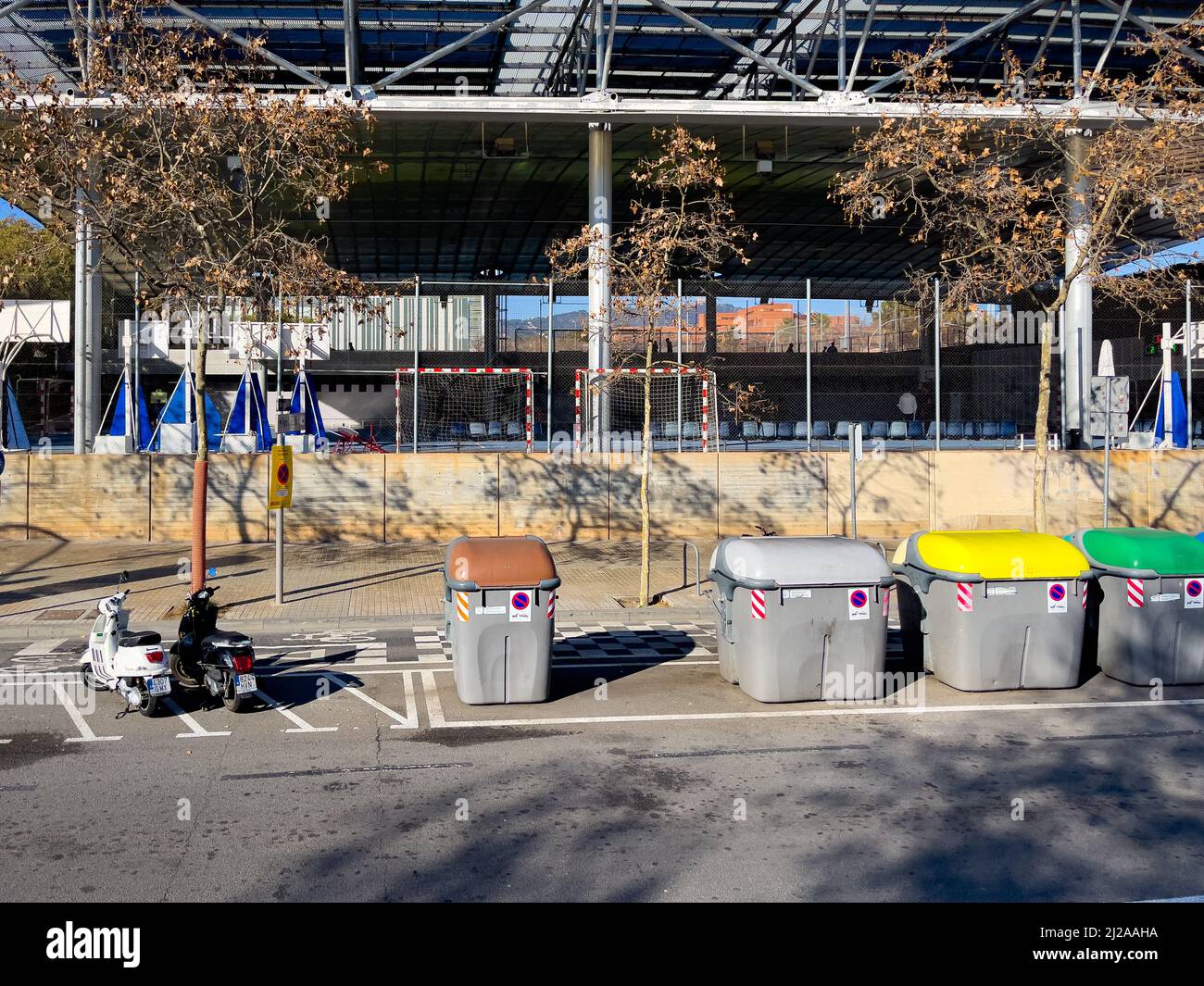 Many trash containers on the sideroad in Barcelona Stock Photo Alamy