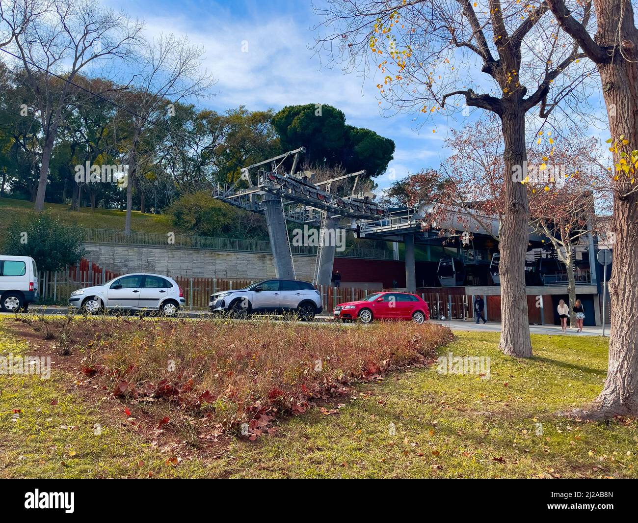 Cable car arriving at Montjuic station in the city of Barcelona Stock ...