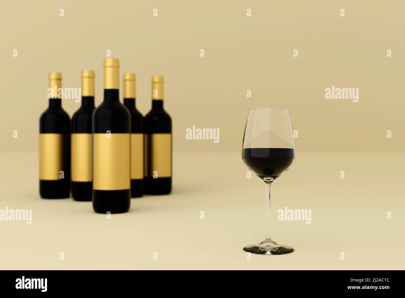 Red Wine, liquor bottle and glass, wineglass. 3D render, isolated on white background. Stock Photo