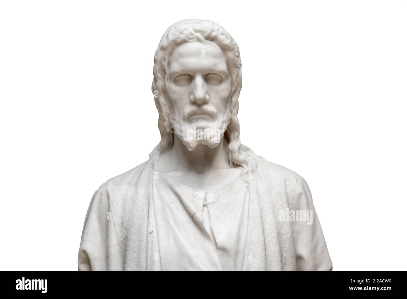 Close-up of marble statue of Jesus isolated on white Stock Photo