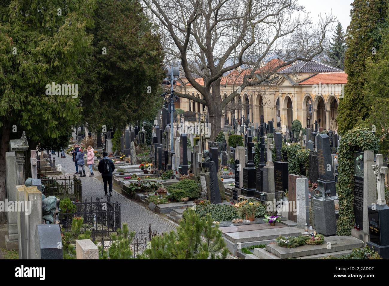 Vysehrad Cemetery is located at St Podolske Nabrezei and Svobododa streets along the left bank of the River in Prague. Established in 1869 on the grou Stock Photo