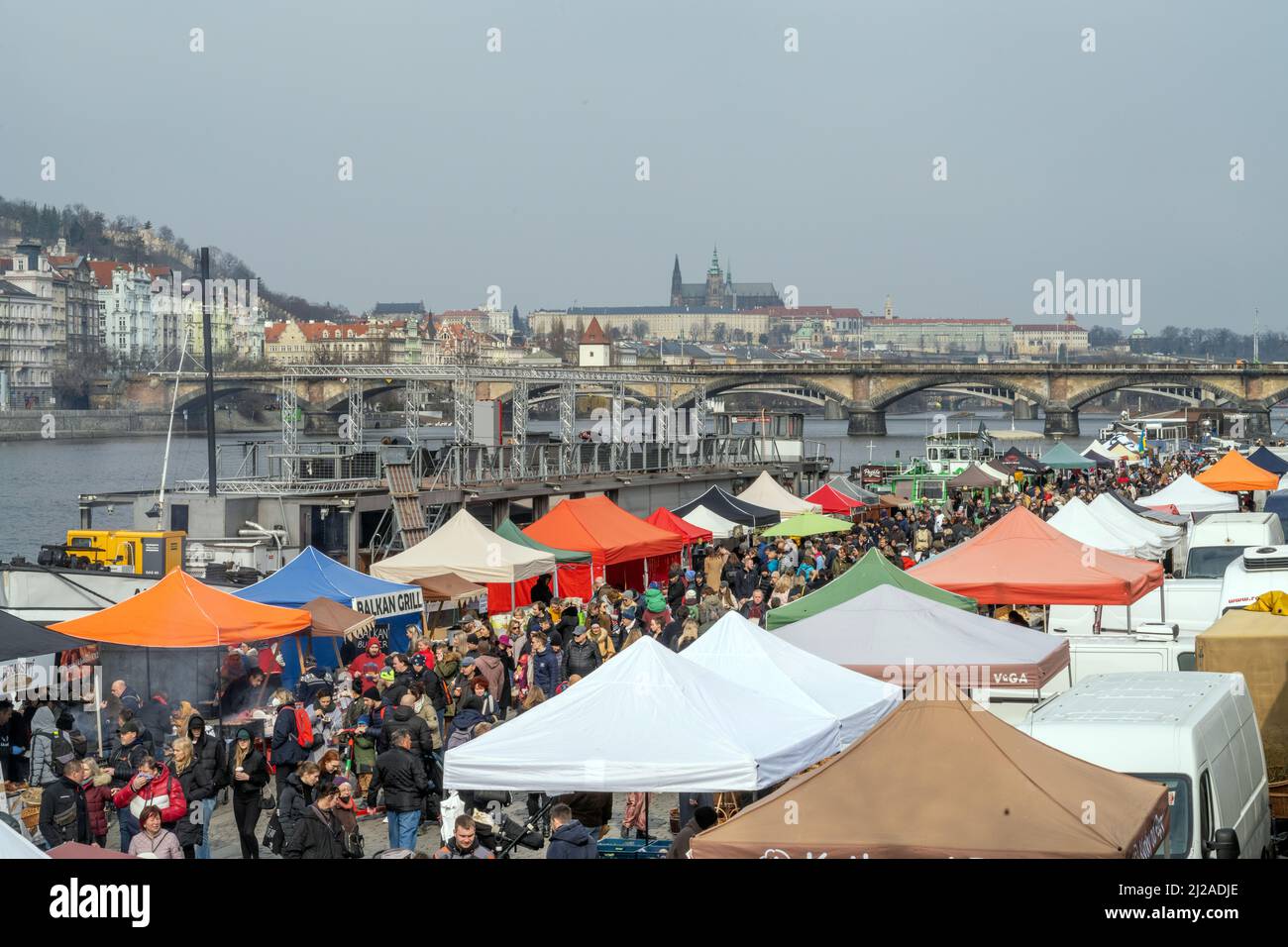 Open air market on the banks of the Vltava River in Prague, Czech Republic. Stock Photo