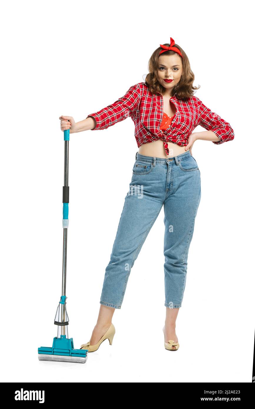 Young beautiful girl, housewife wearing homewear in 70s, 80s fashion