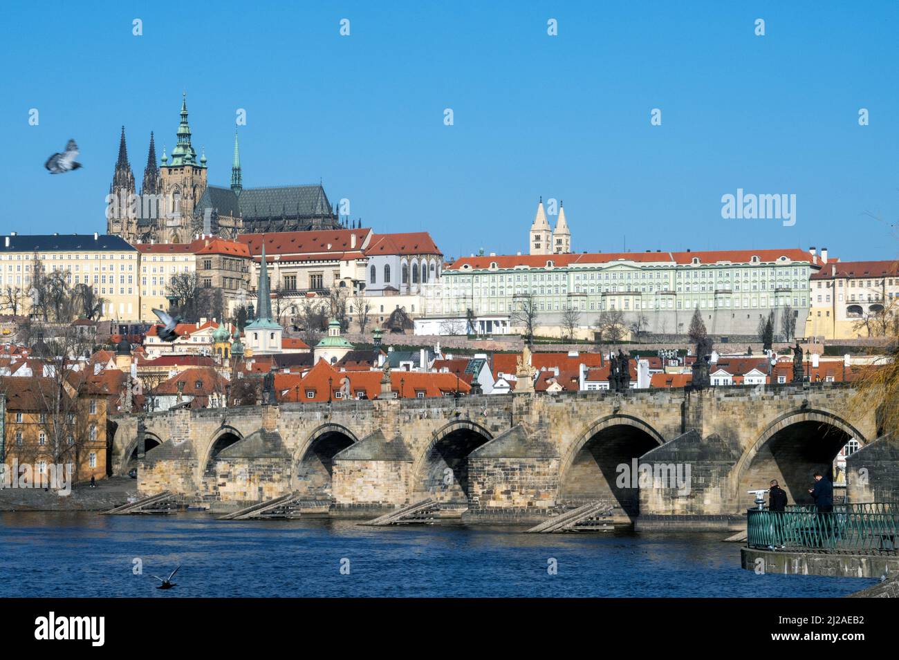The Charles Bridge in Prague, Czech Republic with Prague Castle in the Background. Stock Photo