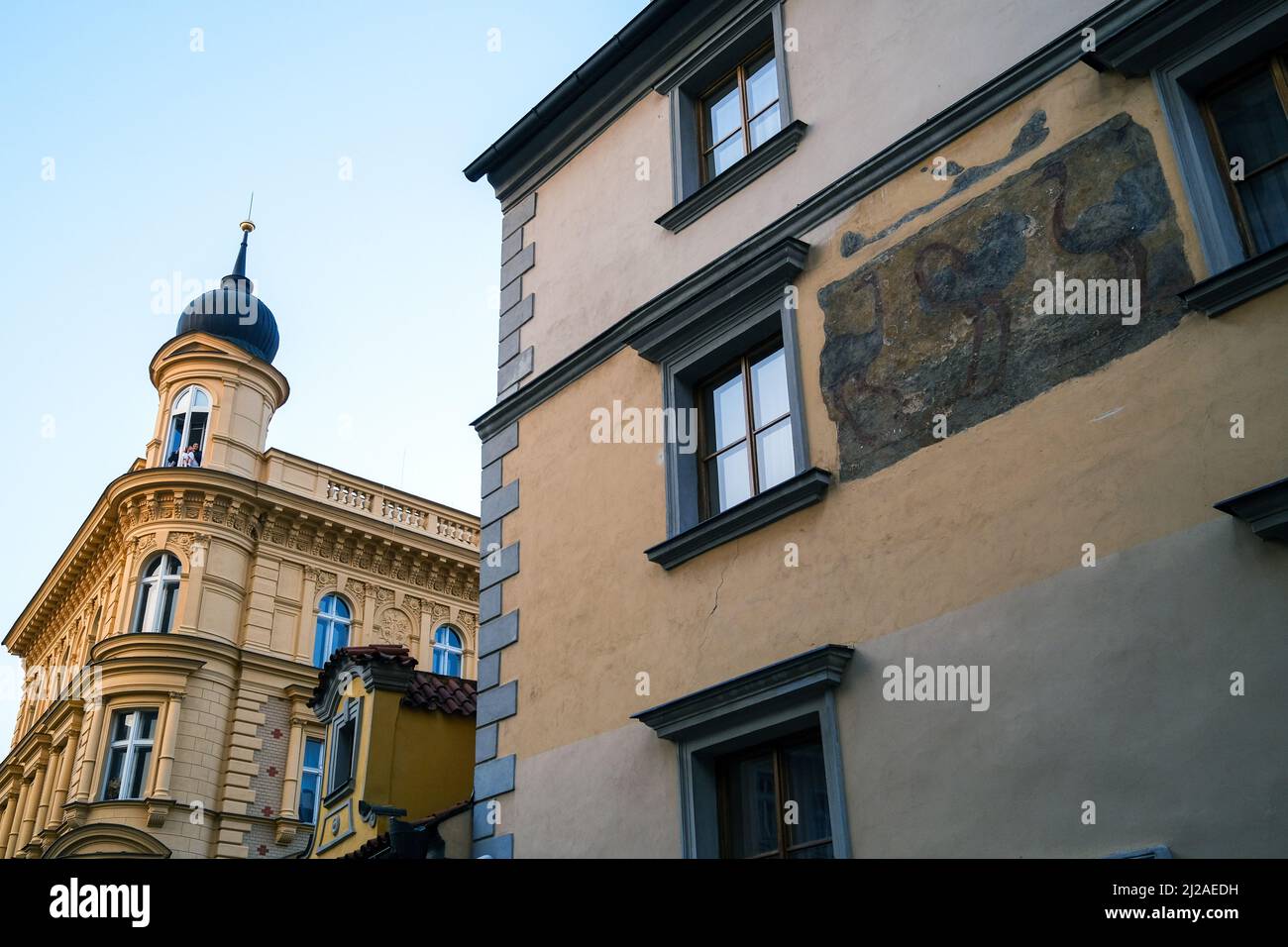 A street scene in the centre of historic Prague, Czech Republic. Stock Photo