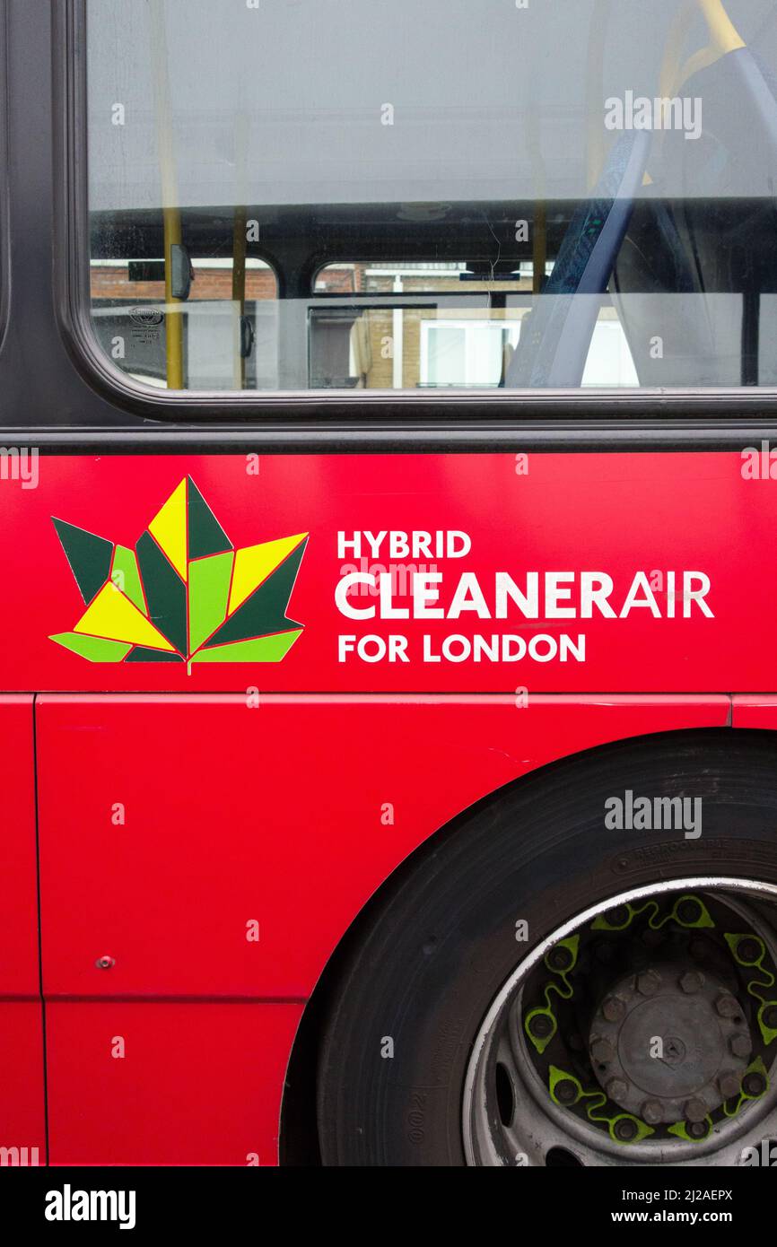 Closeup of Hybrid Clean Air For London sign on the side of a TFL London red bus Stock Photo