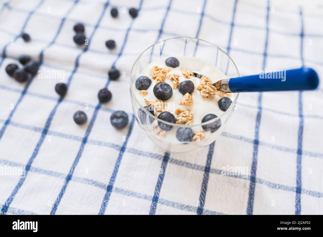 yogurt with cereal and blueberries. Healthy low calorie breakfast