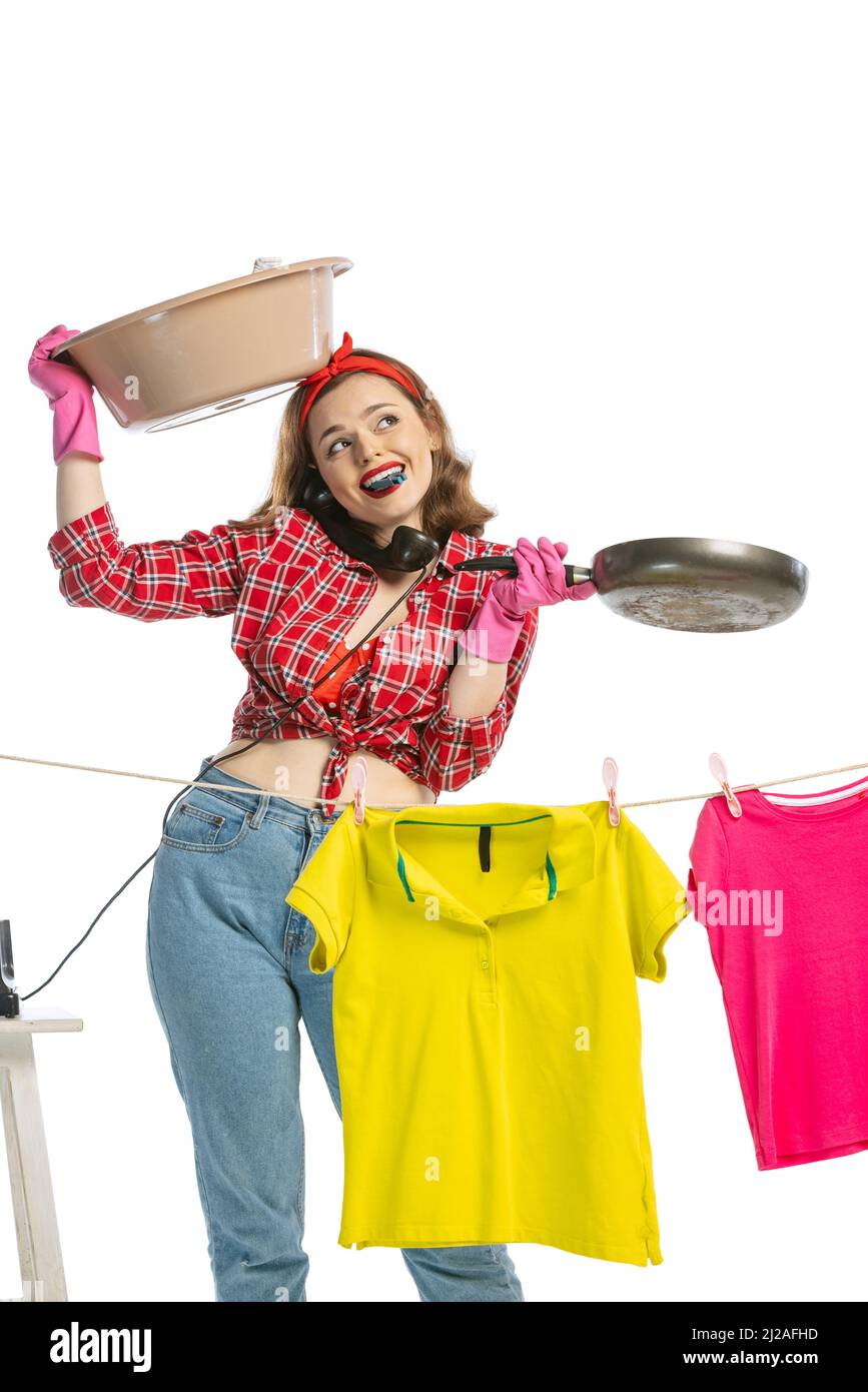 Beautiful Happy Housewife Wipes the Dust. Woman in Retro 60s Pin-up Style  in the Laundry. Home Wash. Housekeeper at Work Stock Photo - Image of  energy, ideal: 216270634