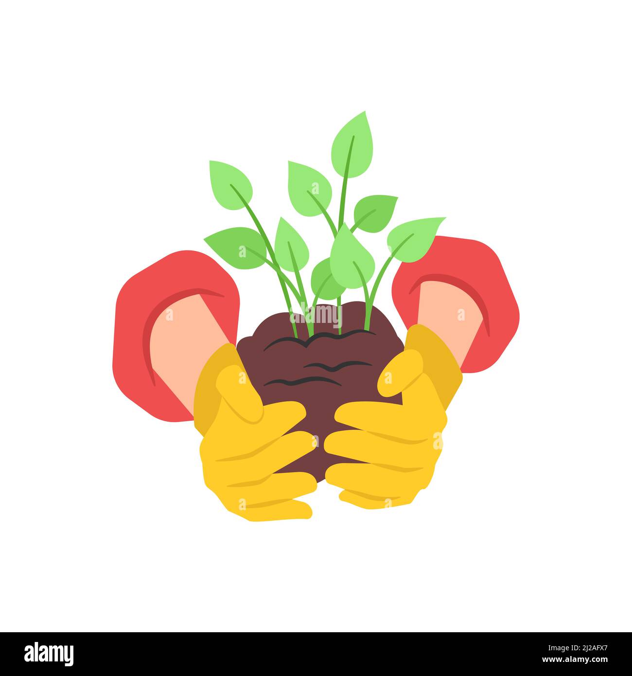 A handful of earth with sprouted sprouts in the palms. Two hands in rubber gloves. Vector illustration Stock Vector