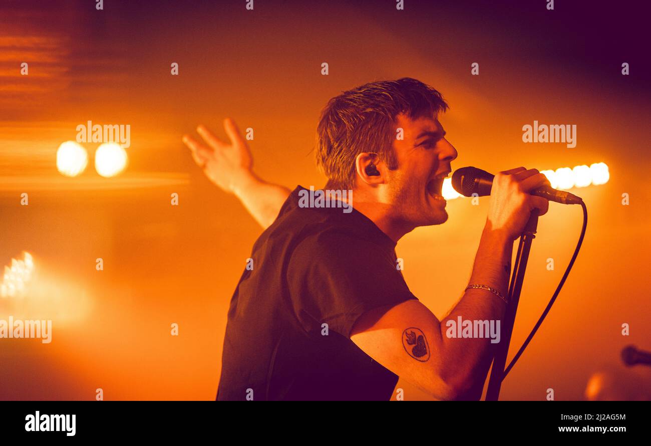 Malmoe, Sweden. 30th Mar, 2022. The Irish post-punk band Fontaines D.C. performs a live concert at Plan B in Malmoe. Here vocalist Grian Chatten is seen live on stage. (Photo Credit: Gonzales Photo/Alamy Live News Stock Photo