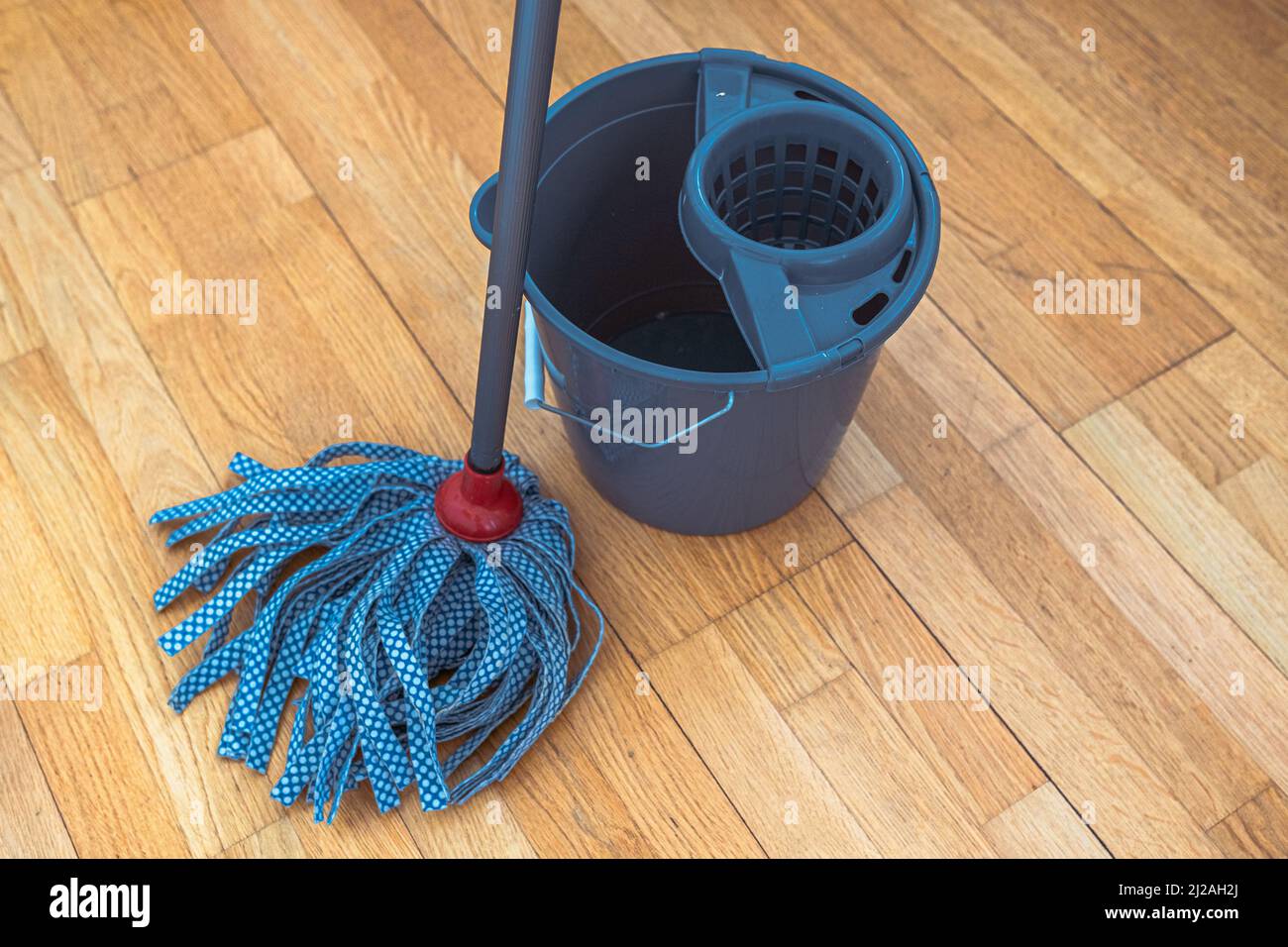 Cleaning parquet floor with rope mop. Mop with tape nozzle and bucket for mopping floor with wring function on background of parquet floor Stock Photo