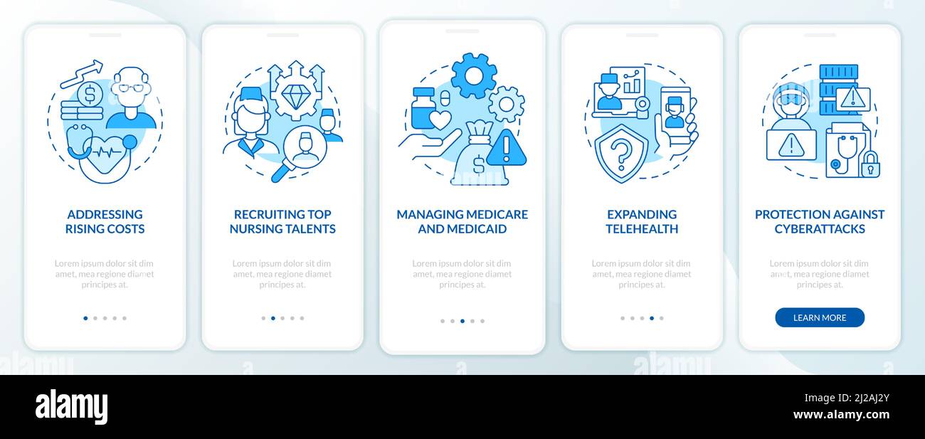 Healthcare system challenges blue onboarding mobile app screen Stock ...