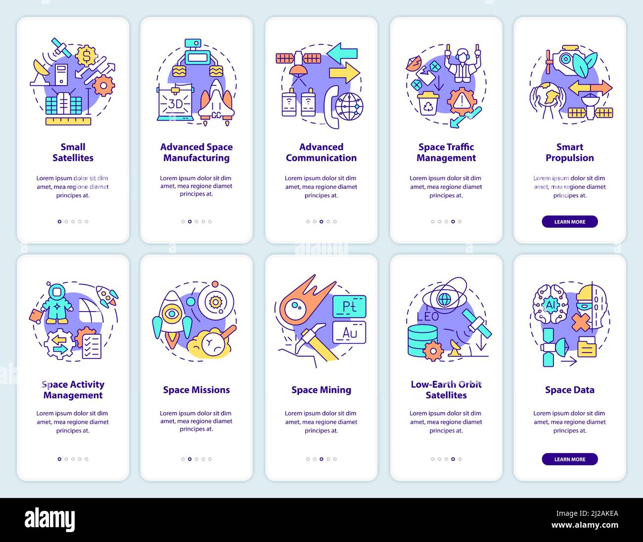 Space exploration technologies onboarding mobile app screen set Stock ...