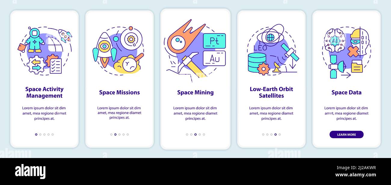 Trends in space technology onboarding mobile app screen Stock Vector