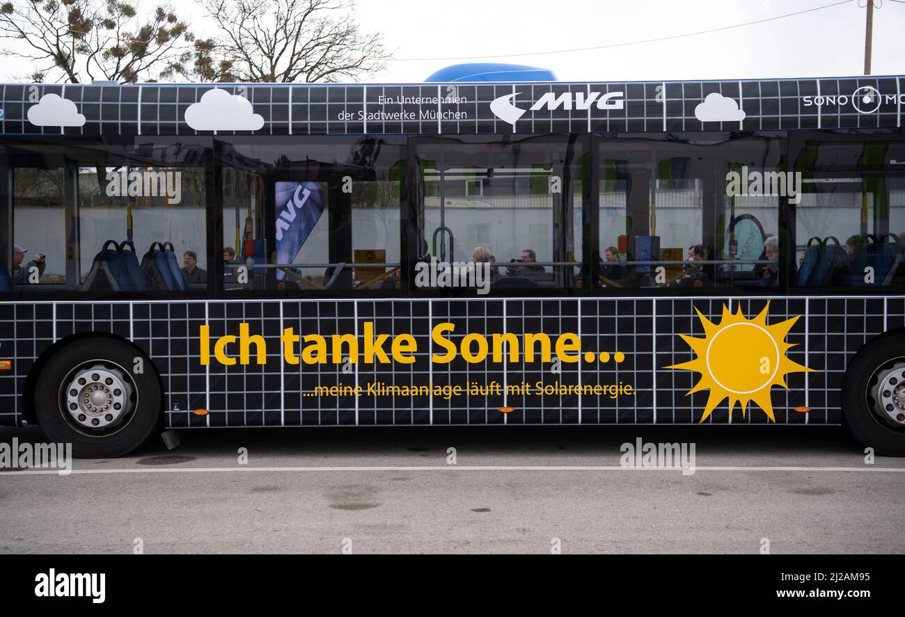 Munich, Germany. 31st Mar, 2022. A new type of solar bus trailer from Sono  Motors and the Münchner Verkehrsgesellschaft (MVG) with solar cells on the  roof stands on the grounds of the