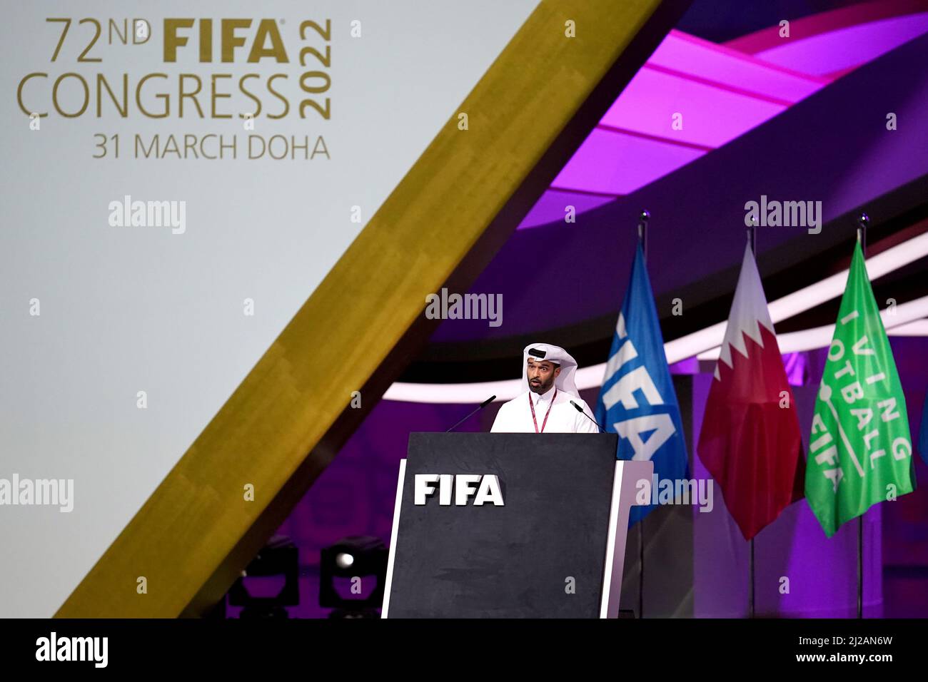 Secretary General of the Supreme Committee for Delivery and Legacy Hassan Al-Thawadi during the 72nd FIFA Congress at the Doha Exhibition and Convention Center, Doha. Picture date: Thursday March 31, 2022. Stock Photo