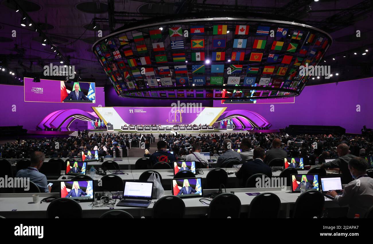 Doha, Qatar. 31st Mar, 2022. Soccer: FIFA Congress 2022. Fifa President Gianni Infantino speaks at the Fifa Congress at the Doha Exhibition & Convention Center (DECC). Credit: Christian Charisius/dpa/Alamy Live News Stock Photo