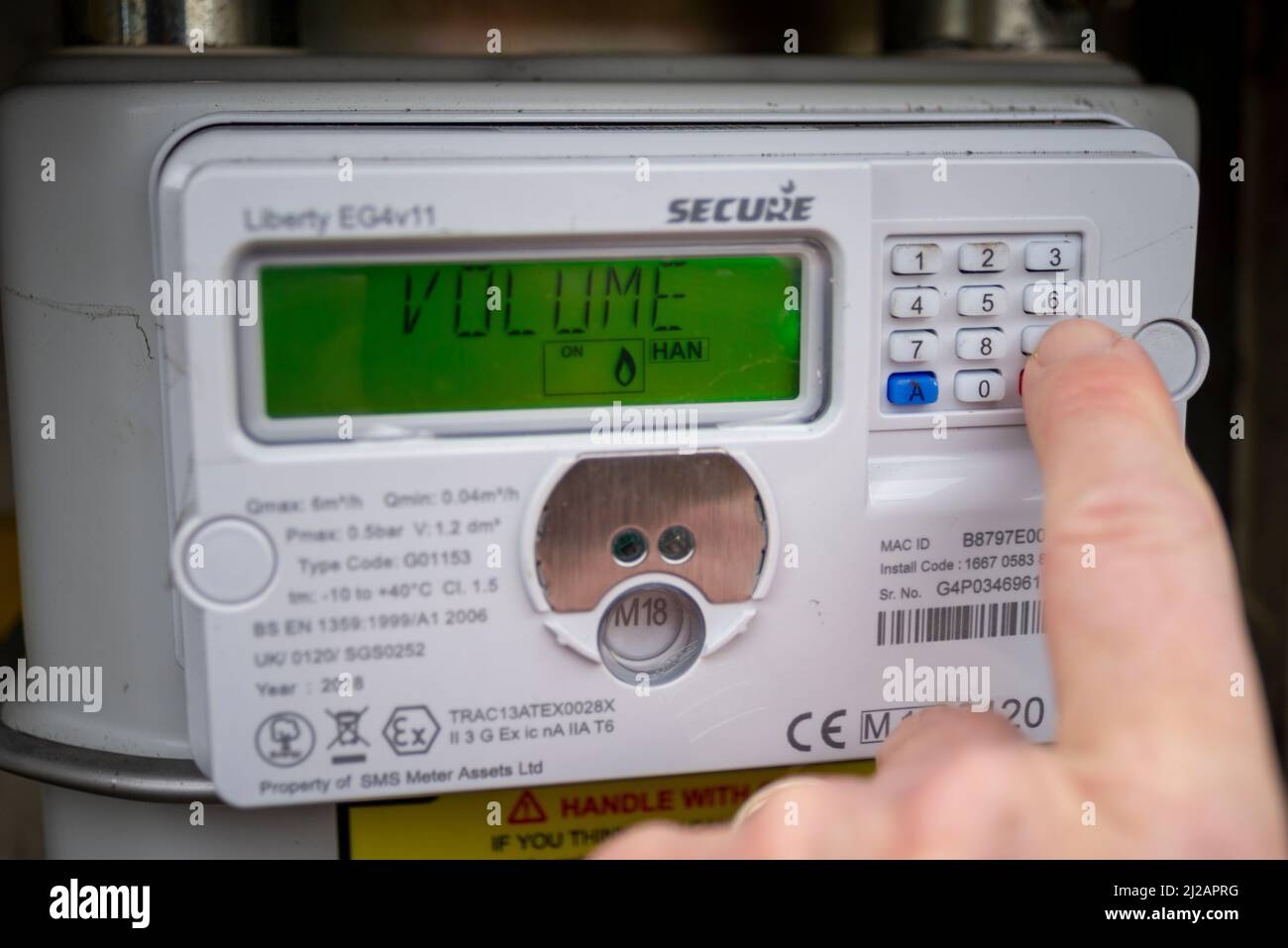 Southend on Sea, Essex, UK. 31st Mar, 2022. People in the UK are being advised to check their gas and electricity meter readings and upload them to their supplier’s websites if applicable to avoid being overcharged when the price cap increases tomorrow, the 1st April. Gas meter being checked. Volume message Stock Photo