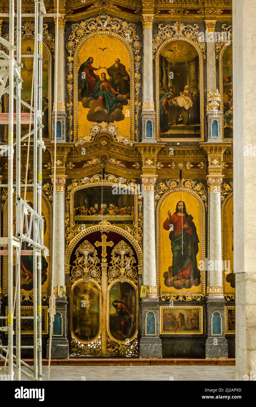 Iconostasis and frescoes in the monastery. Kovilj Monastery is a ...