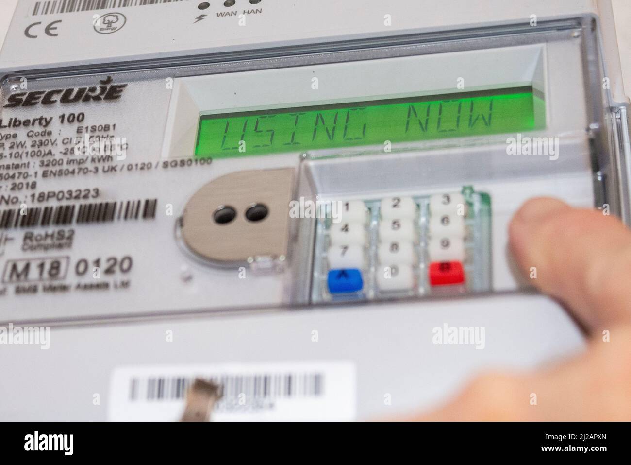 Southend on Sea, Essex, UK. 31st Mar, 2022. People in the UK are being advised to check their gas and electricity meter readings and upload them to their supplier’s websites if applicable to avoid being overcharged when the price cap increases tomorrow, the 1st April. Electricity meter being checked. Using now message Stock Photo