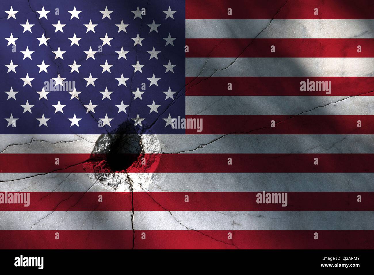 American flag with big crack or bullet hole. Military conflict and war ...