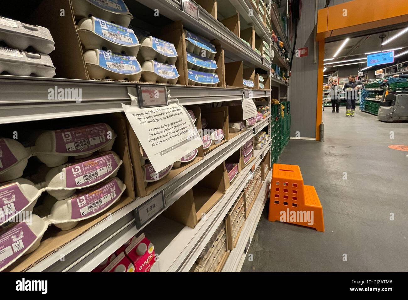 (220331) -- BRUSSELS, March 31, 2022 (Xinhua) -- A notice written in French and Dutch meaning 'Due to avian flu, free-range eggs temporarily come from free-range hens in compulsory confinement' is seen as boxes of eggs are placed on the shelf in a supermarket in Brussels, Belgium, March 29, 2022. An outbreak of the highly pathogenic H5N1 avian influenza, also known as bird flu, has been detected in a poultry farm in Meulebeke in the province of West Flanders, Belgium, according to an official report published Wednesday by the Federal Agency for the Safety of the Food Chain (AFSCA). (Xinhua/Zhe Stock Photo