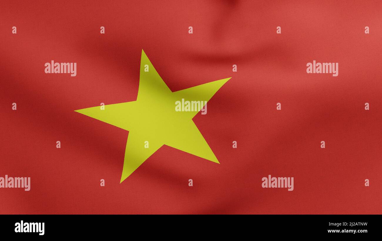 National flag of Vietnam waving 3D Render, Socialist Republic of Vietnam flag textile designed by Nguyen Huu Tien, coat of arms Vietnam independence Stock Photo