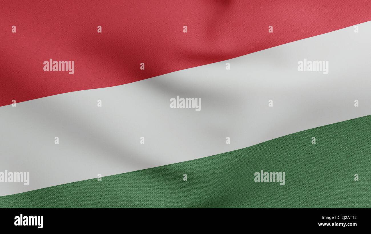 National flag of Hungary waving 3D Render, Magyarorszag zaszlaja is official flag of Hungary, Hungary flag textile Stock Photo