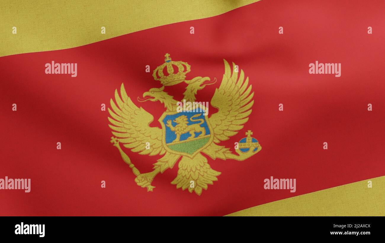 National flag of Montenegro waving 3D Render, Republic of Montenegro flag textile or Zastava Crne Gore, coat of arms Montenegro independence day Stock Photo