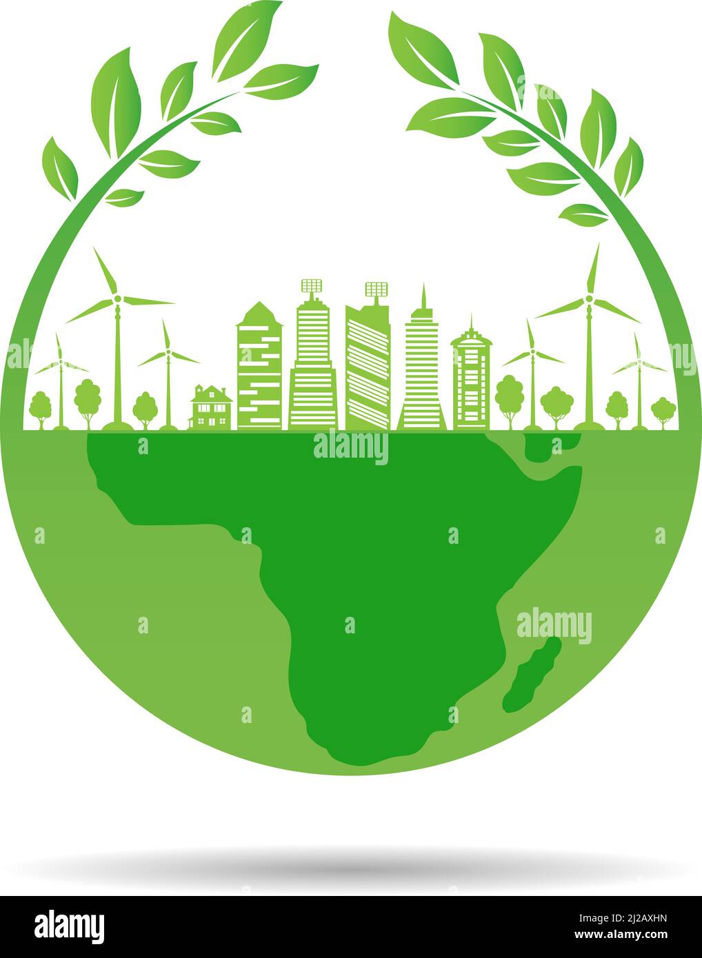 Silhouette of planet earth with green city and renewable energy sources