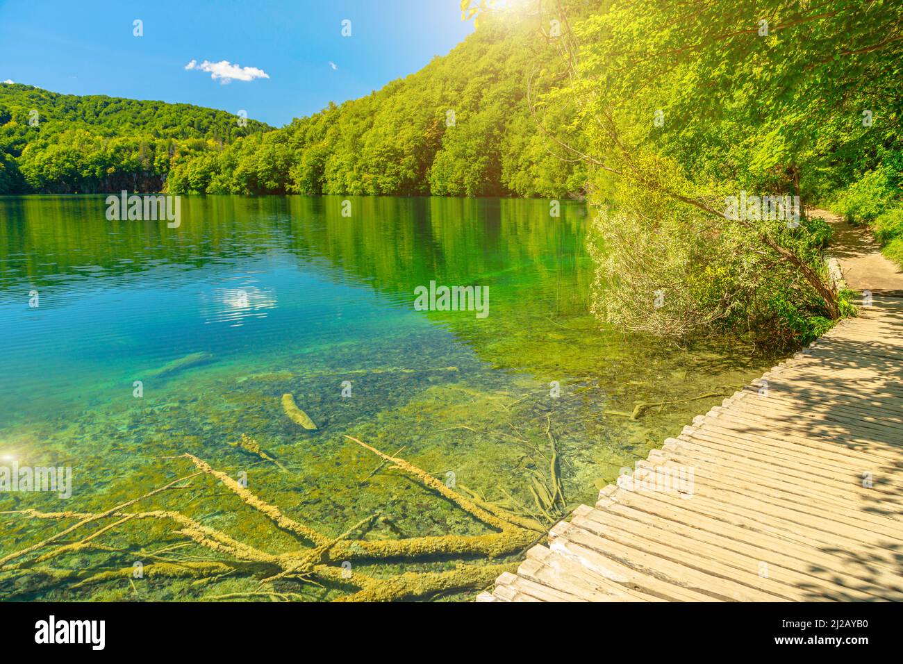 wooden jetty of Plitvice Lakes National Park in Croatia in the Lika region. UNESCO World Heritage of Croatia named Plitvicka Jezera. Stock Photo