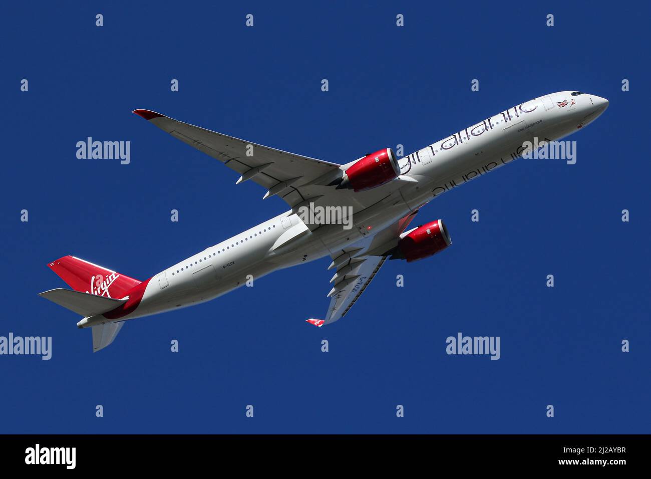 An Airbus A350 operated by Virgin Atlantic departs London Heathrow Airport Stock Photo