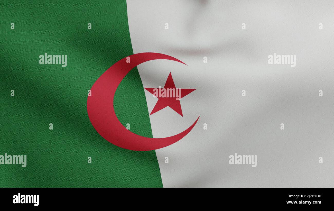 National flag of Algeria waving 3D Render, Peoples Democratic Republic of Algeria flag textile, Algerian government or Akenyal en Dzayer Stock Photo