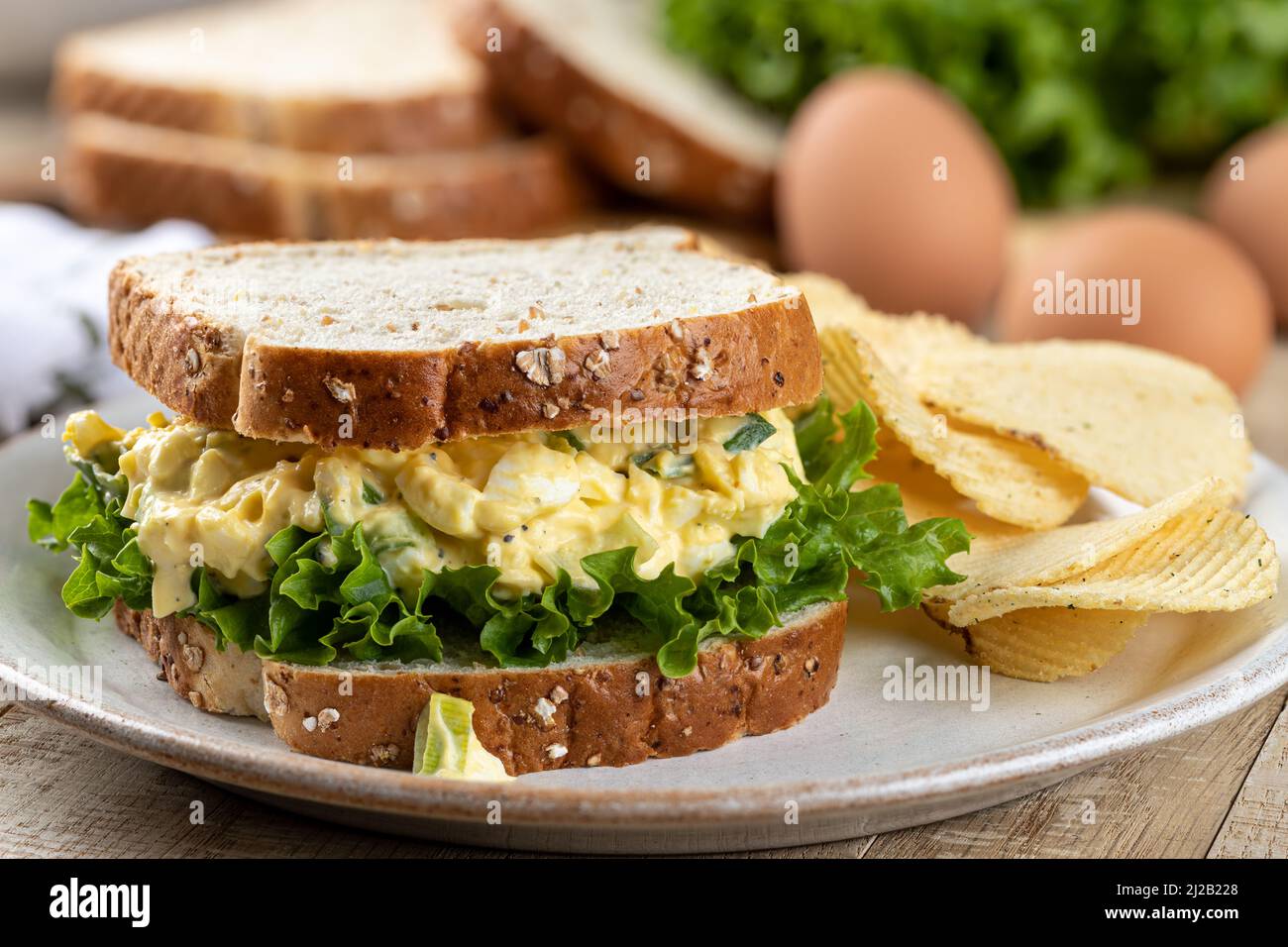 Closeup of egg salad and lettuce sandwich on whole grain bread with potato chips on a plate Stock Photo