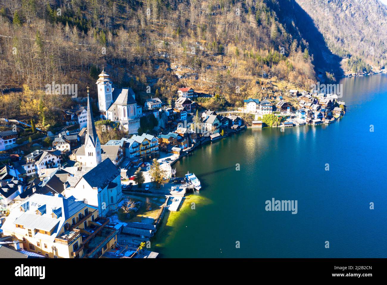 Spectacular aerial view of the famous lakeside town of Hallstatt in the mountains. UNESCO World Heritage. Hallstatt Lake, Upper Austria. Stock Photo