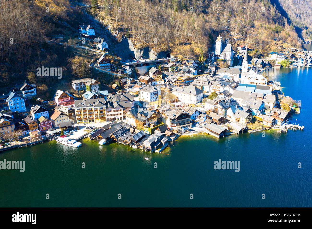 Spectacular aerial view of the famous lakeside town of Hallstatt in the mountains. UNESCO World Heritage. Hallstatt Lake, Upper Austria. Stock Photo