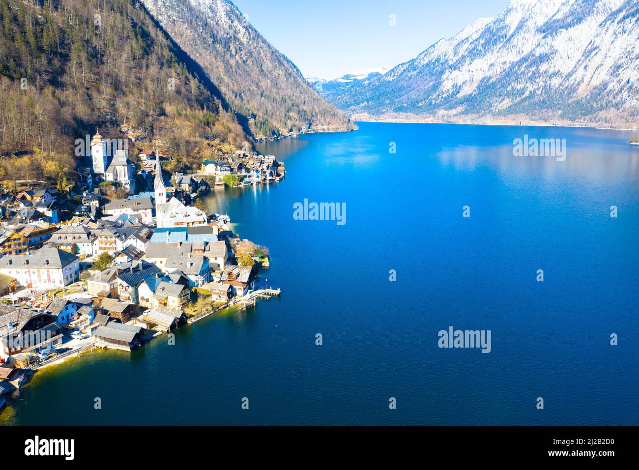 Spectacular aerial view of the famous lakeside town of Hallstatt in the mountains. UNESCO World Heritage. Hallstatt Lake, Upper Austria. Stock Photo
