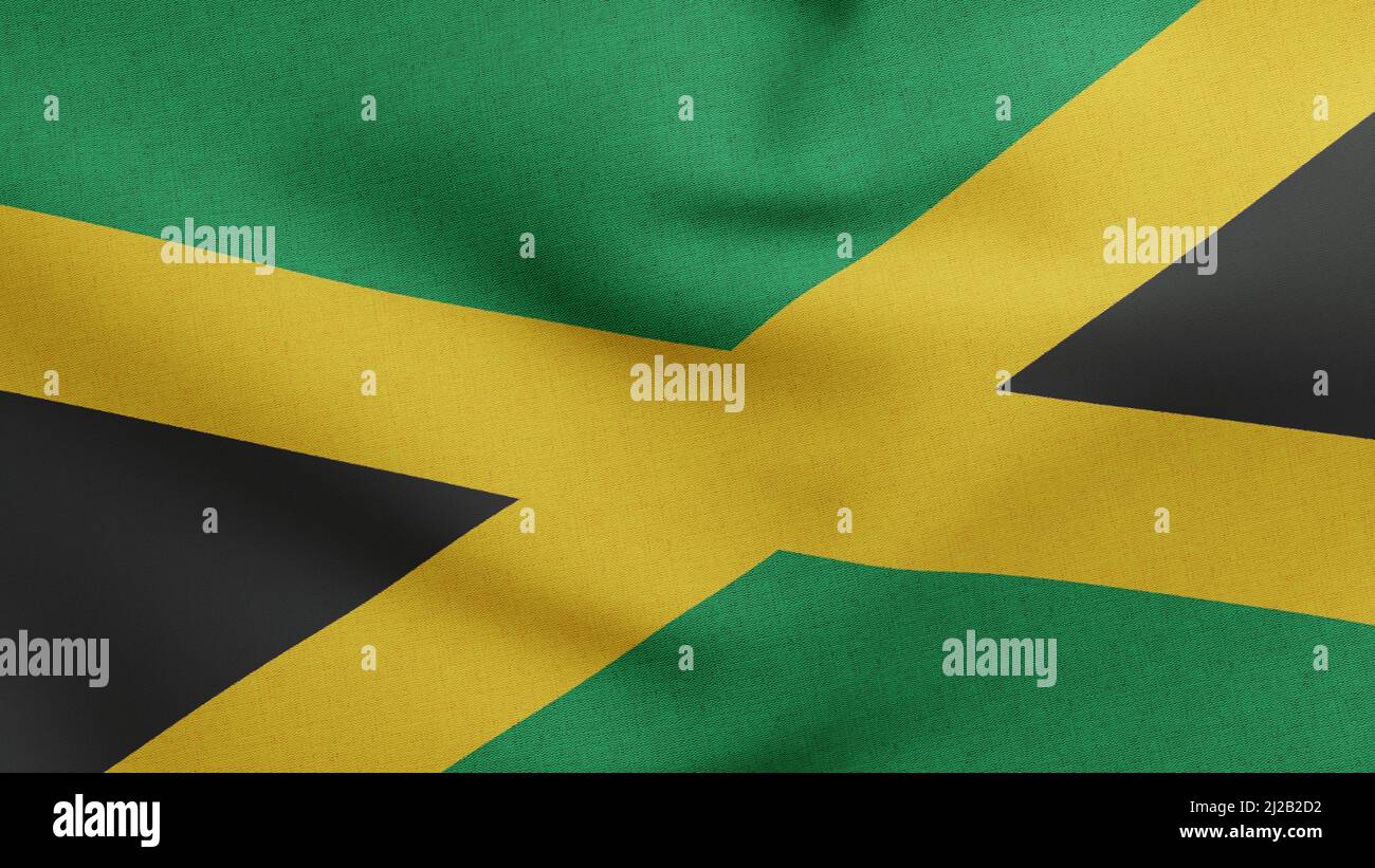 National flag of Jamaica waving 3D Render, Republic of Jamaica flag textile, coat of arms Jamaican independence day, Jamaican Patois Jumieka Stock Photo