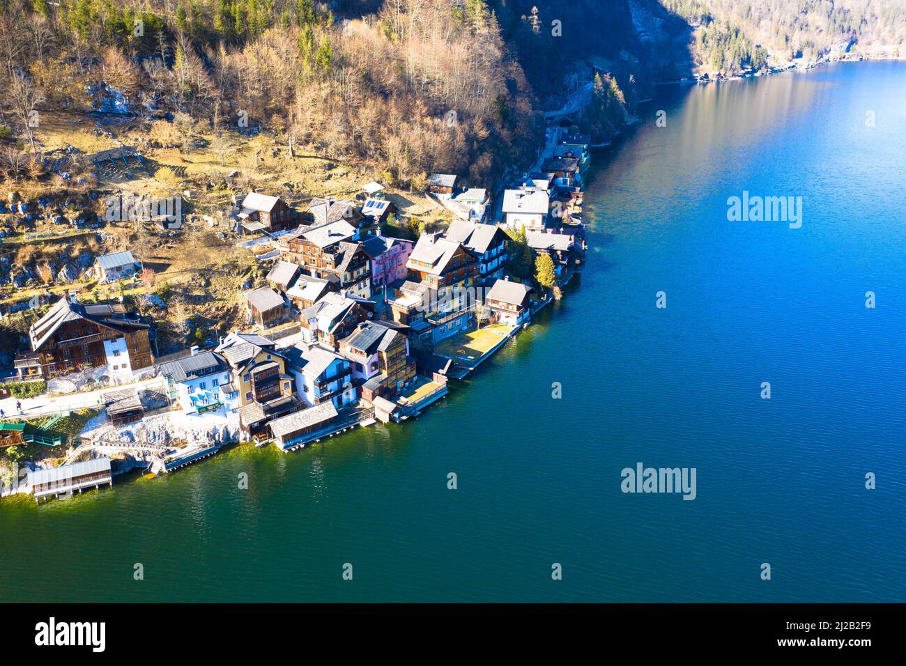 Spectacular aerial view of the famous lakeside town of Hallstatt in the mountains. UNESCO World Heritage. Hallstatt Lake, Upper Austria. Stock Photo