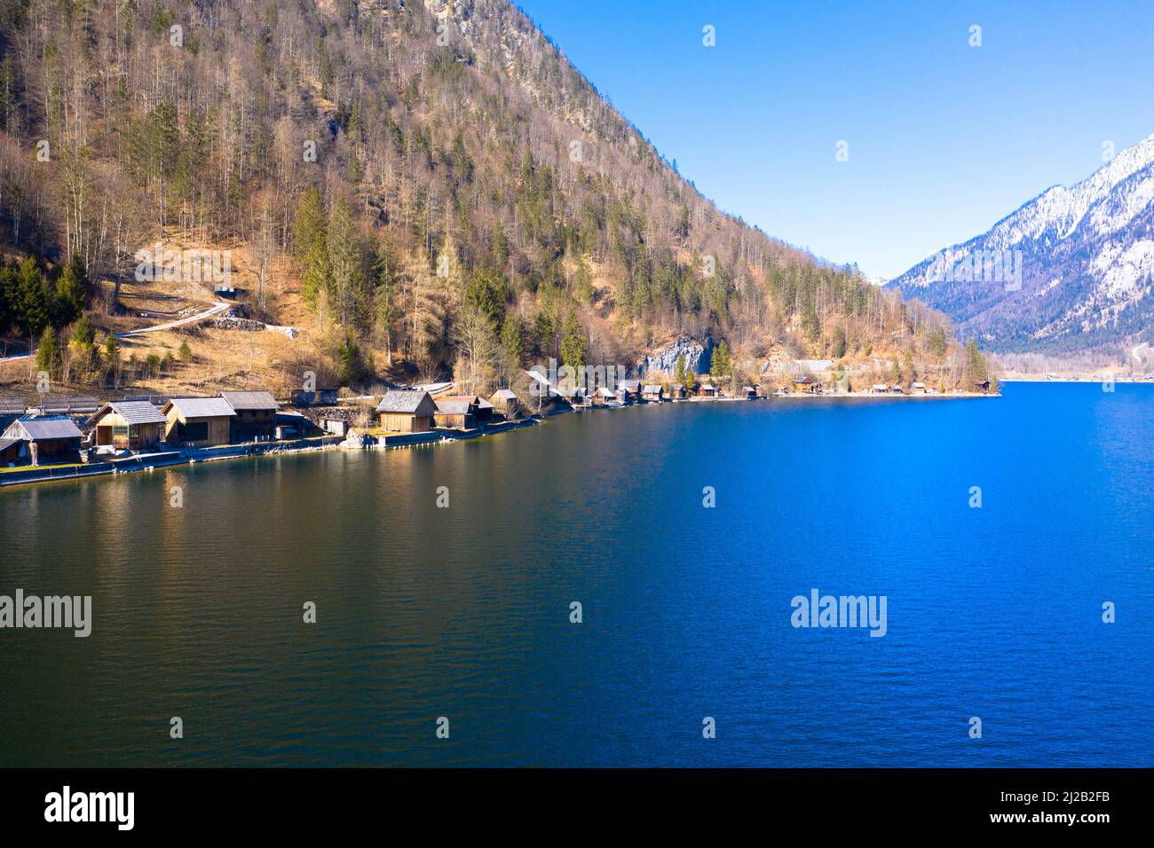 Spectacular aerial view of the famous lakeside town of Hallstatt in the mountains. UNESCO World Heritage. Hallstatt Lake, Upper Austria. Stock Photo