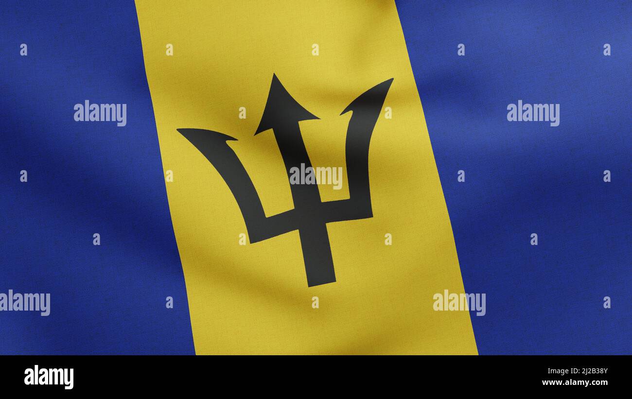 National flag of Barbados waving 3D Render, The Broken Trident or Barbados flag designed by Grantley Prescod, Lieutenant Hartley Dottin of the Stock Photo