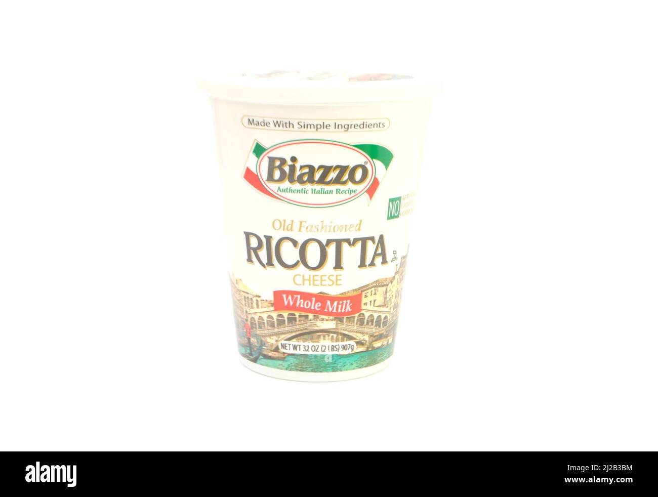 Biazzo Brand Ricotta Cheese Isolated on a White Background with Copy