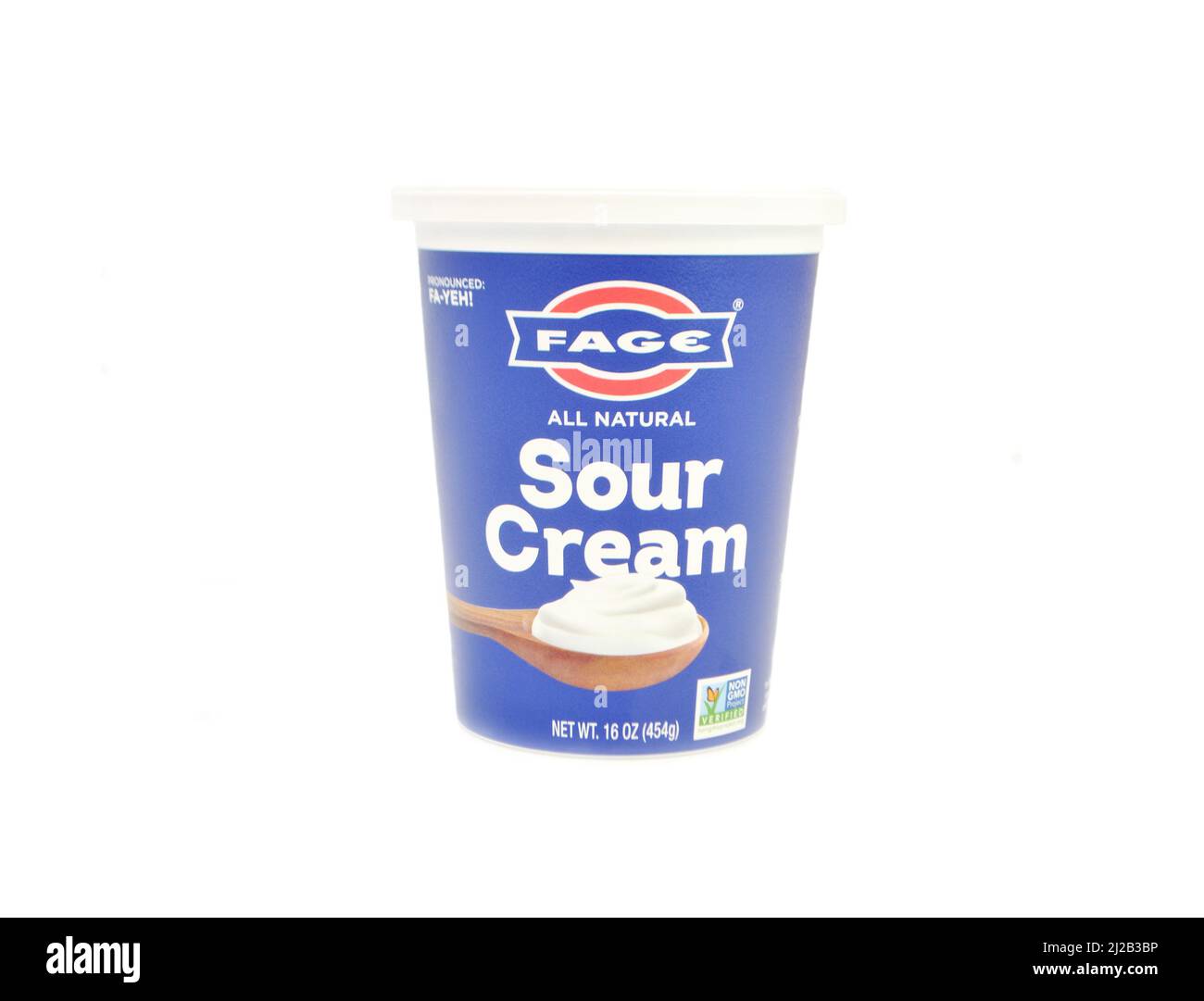 Fage Brand sour Cream Isolated on a White Background with Copy Space