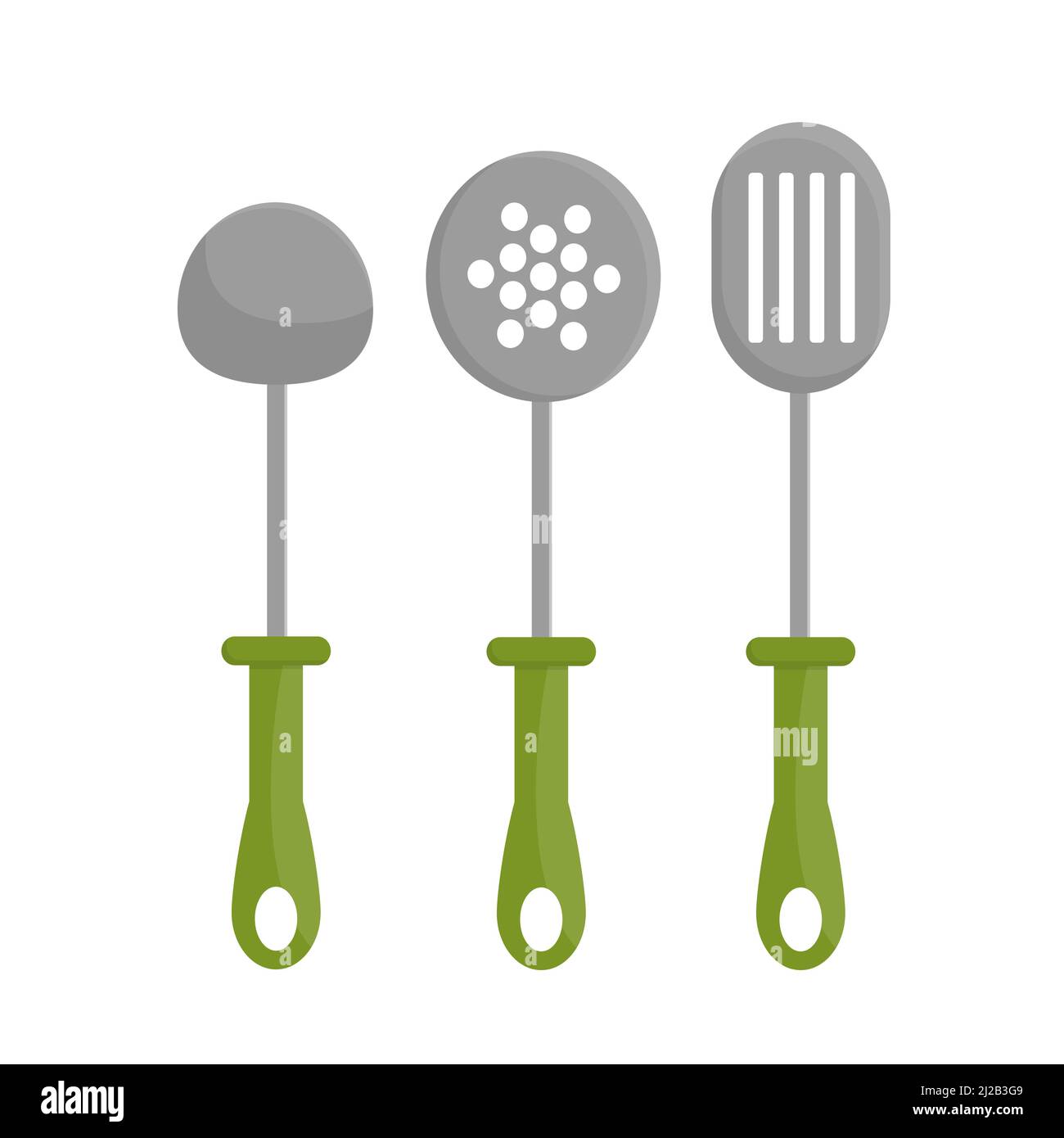 https://c8.alamy.com/comp/2J2B3G9/three-vector-illustration-with-soup-ladle-kitchen-spatula-spoon-with-lot-of-holes-green-handles-cartoon-on-white-kitchenware-cooking-concept-2J2B3G9.jpg